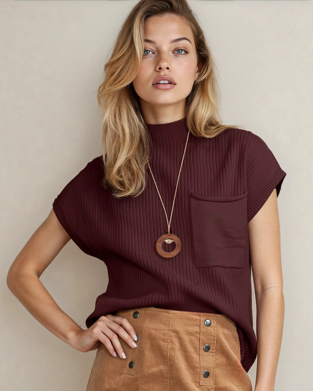 Woman wearing a burgundy top with a pocket and a necklace, standing against a beige background