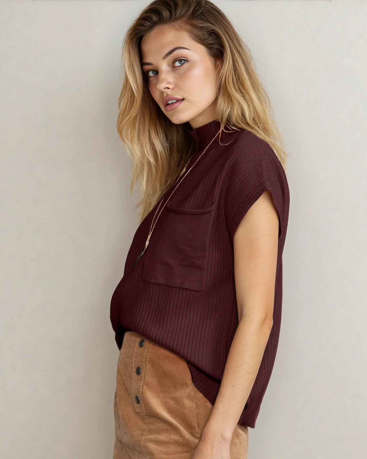 Woman wearing a maroon sleeveless top against a plain background