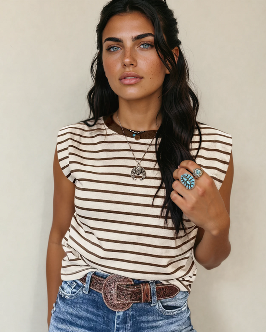 Indie & Co. Serena Stripe Ribbed Round Neck Trim Loose Tank Top - Brown Stripe