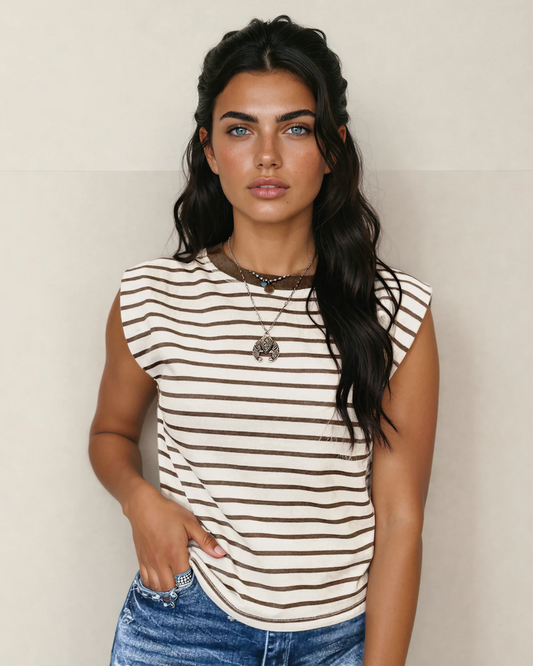 Indie & Co. Serena Stripe Ribbed Round Neck Trim Loose Tank Top - Brown Stripe