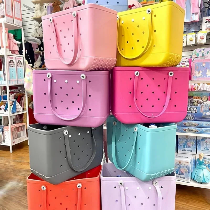 Stack of colorful storage bins in a store setting