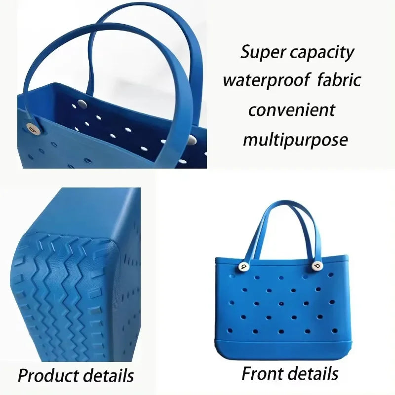 Blue tote bag with text highlighting features on a white background
