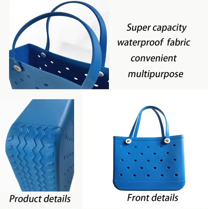 Blue tote bag with text highlighting features on a white background