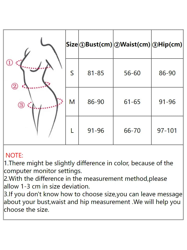 Size chart for clothing with bust, waist, and hip measurements.