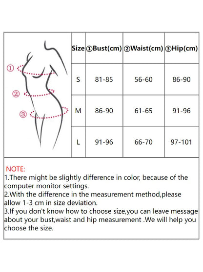 Size chart for clothing with bust, waist, and hip measurements.