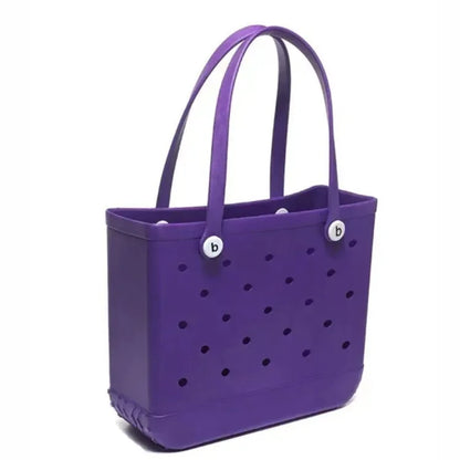 Purple tote bag with handles on a white background