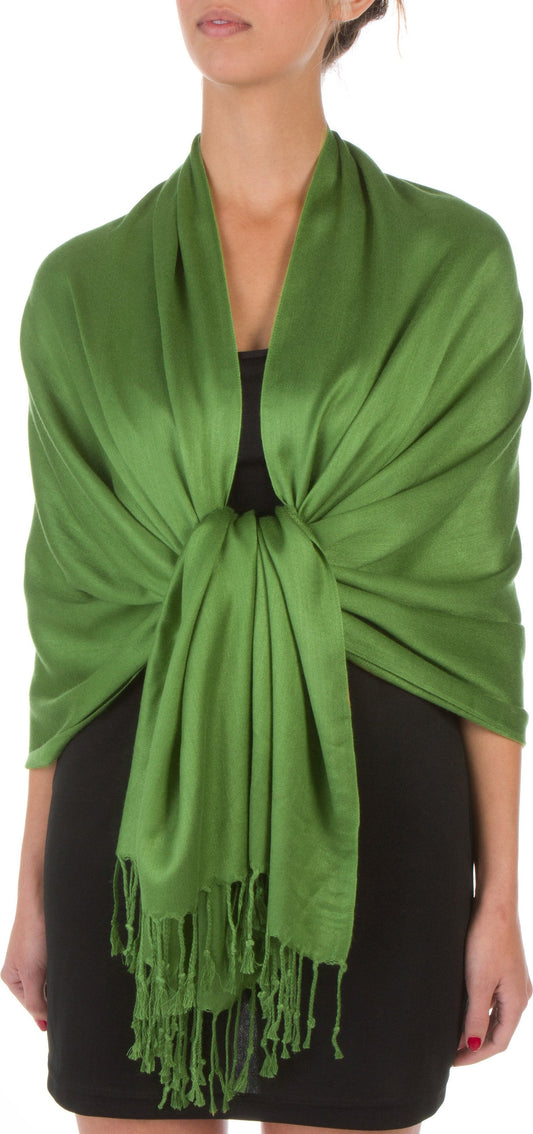 Green bamboo rayon pashmina shawl with fringed ends, worn by a studio model