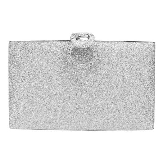 Silver glittery clutch bag with a ring on a white background