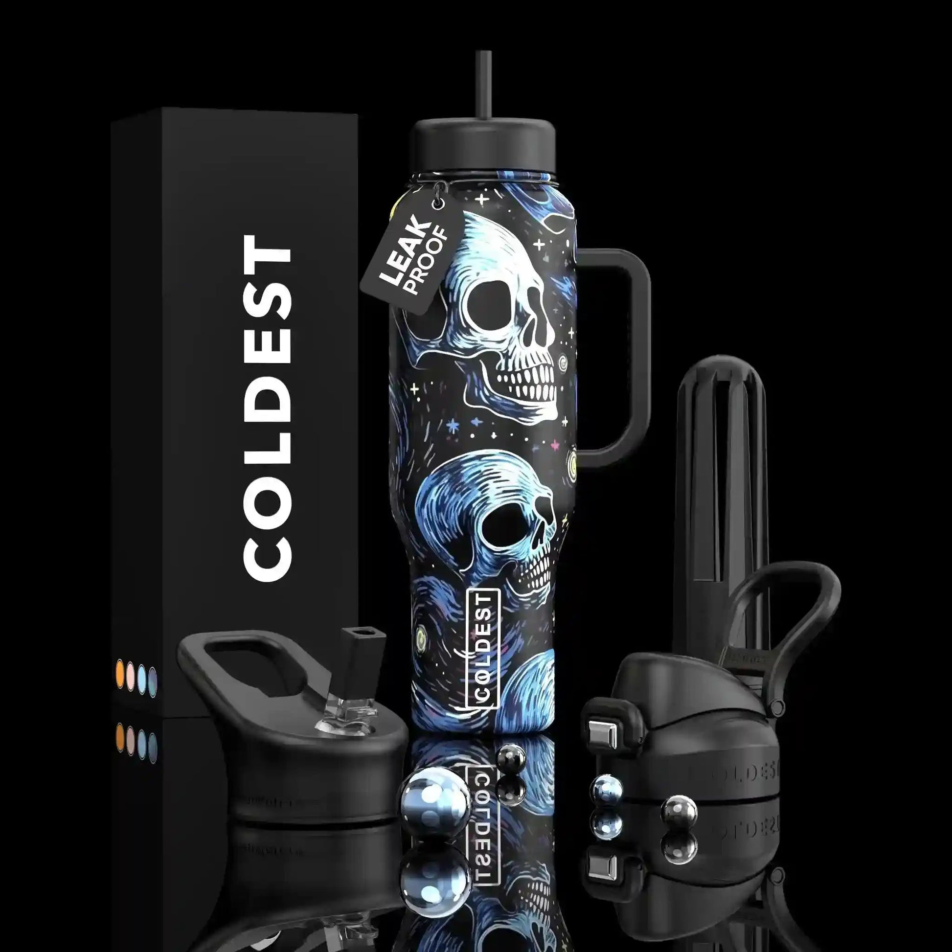 Skull-themed water bottle with 'Coldest' branding on a black background