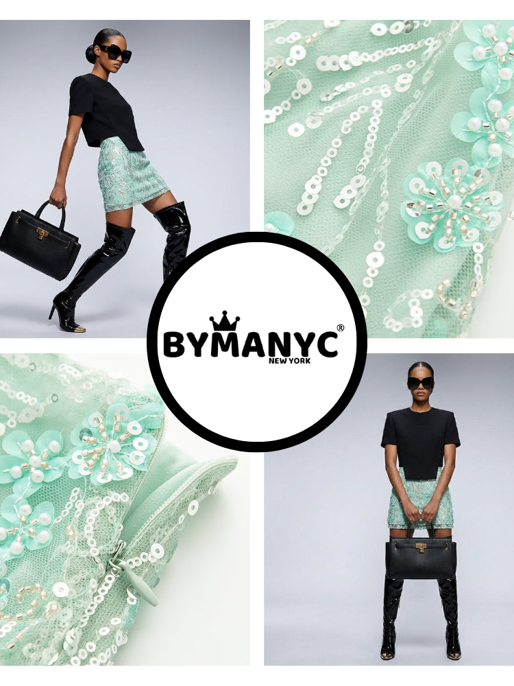 BYMANYC collage showing the light green mini skirt, floral sequin detailing, and zipper close-up.