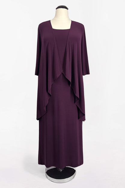 Purple dress with a matching jacket on a mannequin against a white background