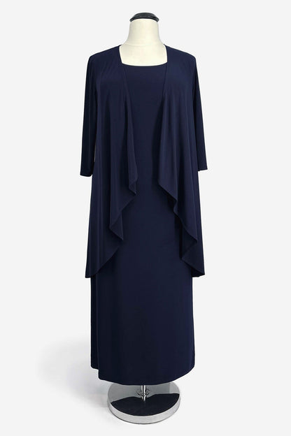 Navy blue dress with a matching jacket on a mannequin against a white background