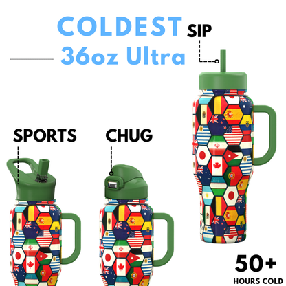 Colorful water bottle with geometric pattern and green lid on a white background