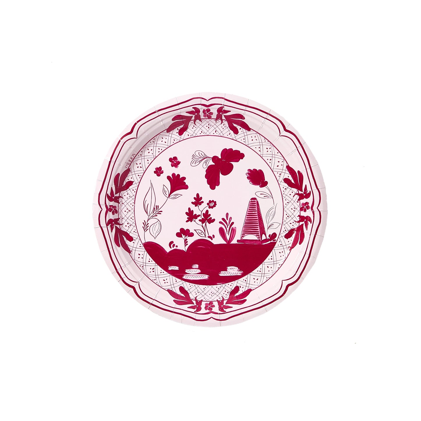 Paper plate with a fine china aesthetic.  Ballet and Berry Beachside Pavilion theme printed on paper for parties. 