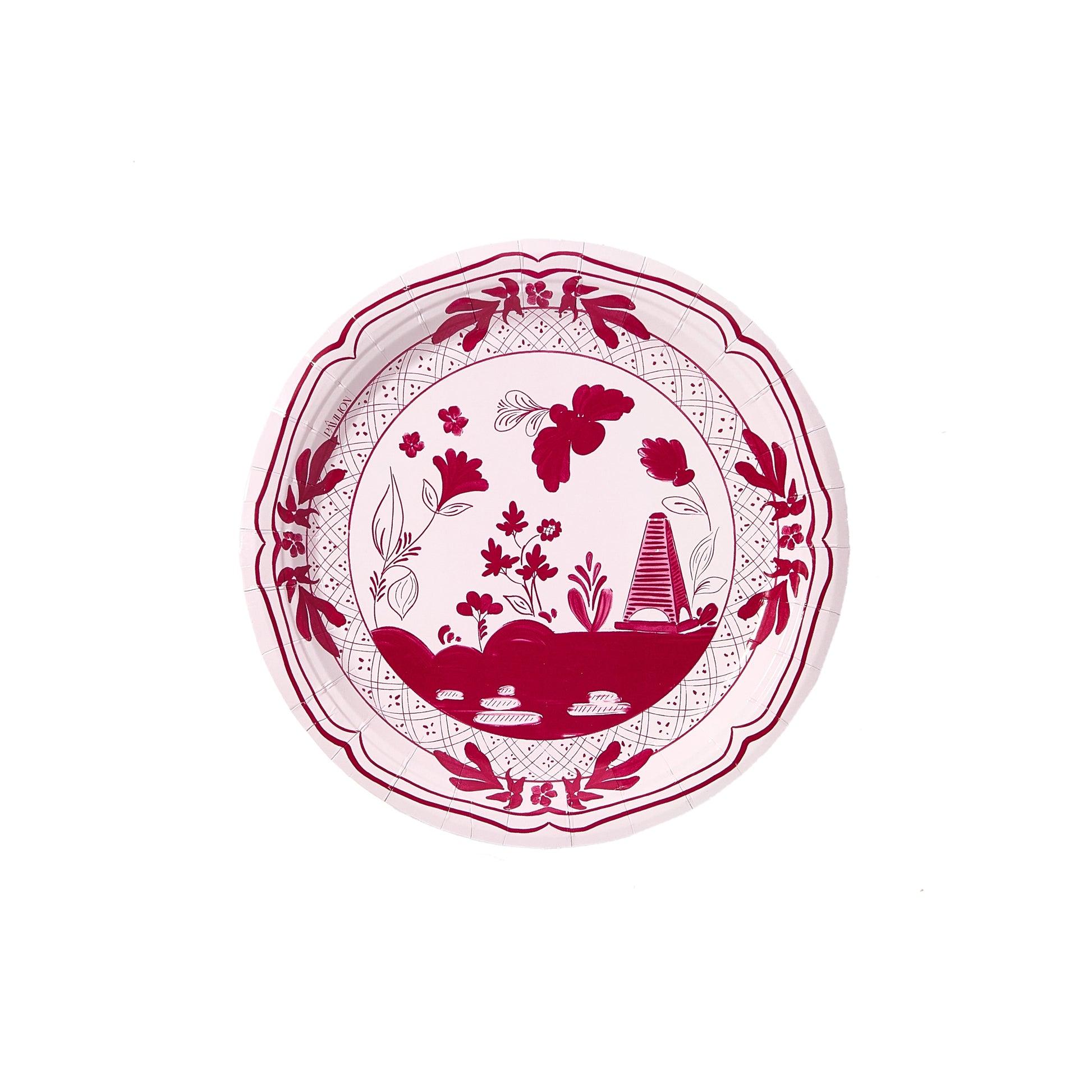 Paper plate with a fine china aesthetic.  Ballet and Berry Beachside Pavilion theme printed on paper for parties. 
