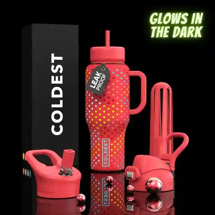 Red water bottle with accessories on a black background, featuring 'Coldest' branding.