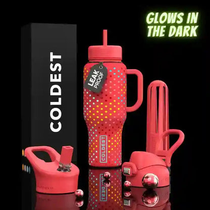 Red water bottle with accessories on a black background, featuring 'Coldest' branding.
