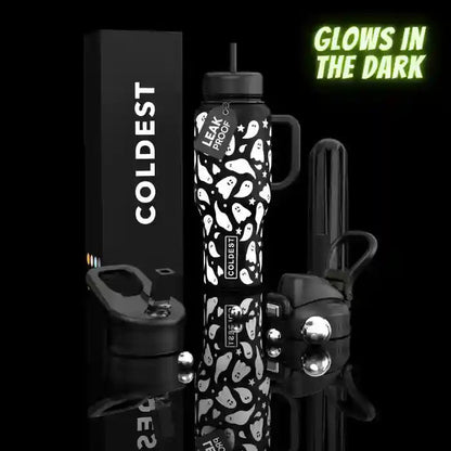 Black water bottle with ghost design, 'Coldest' branding, and 'Leak Proof' feature on a black background.