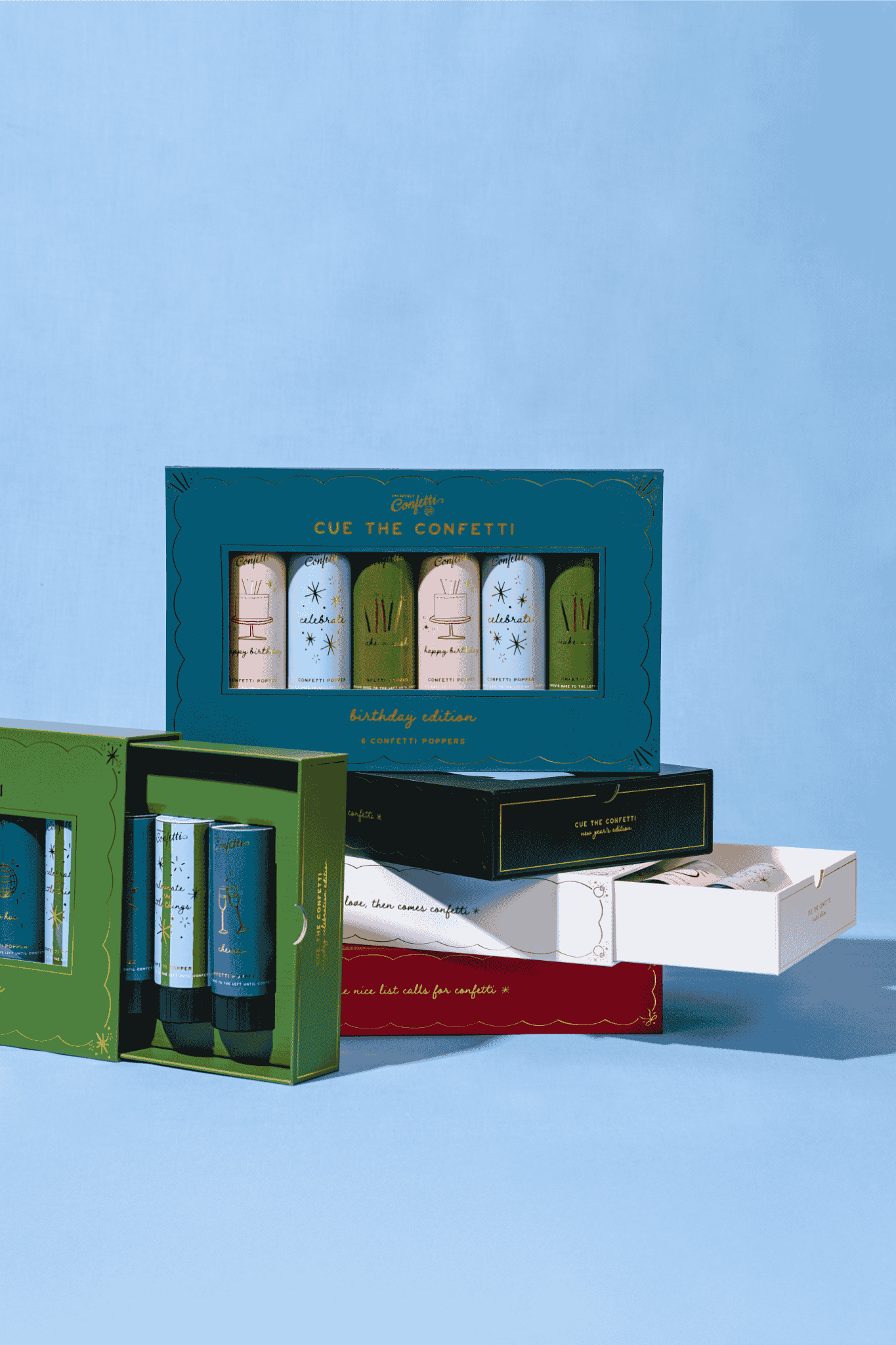 Collection of skincare product boxes on a blue background