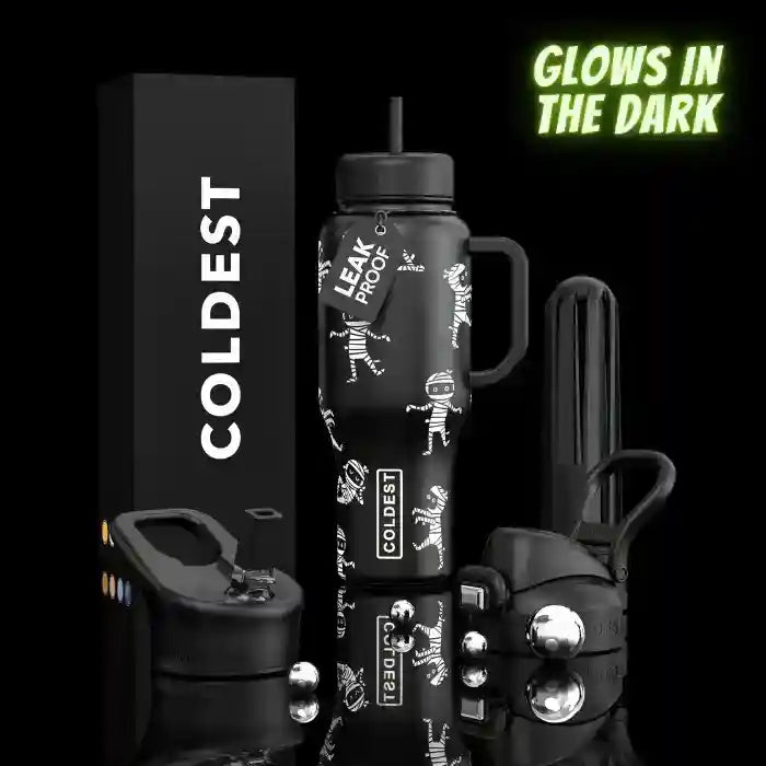 Black water bottle with 'Coldest' branding, featuring a straw lid and carrying case on a black background.