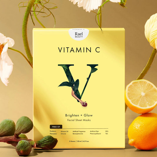 Vitamin C facial sheet masks packaging with lemons and flowers on a beige background