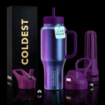Purple water bottle with accessories and 'COLDEST' branding on a black background