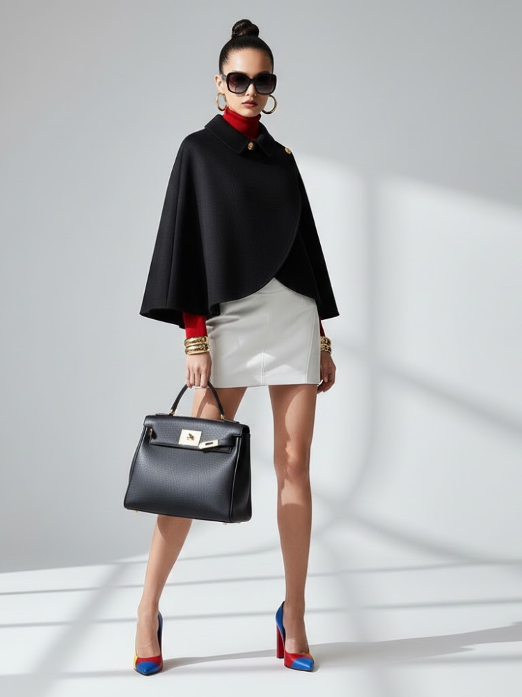 Model wearing a black cape jacket.