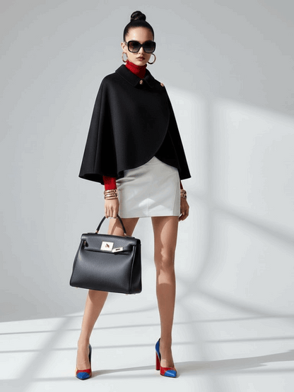 Model wearing a black cape jacket.