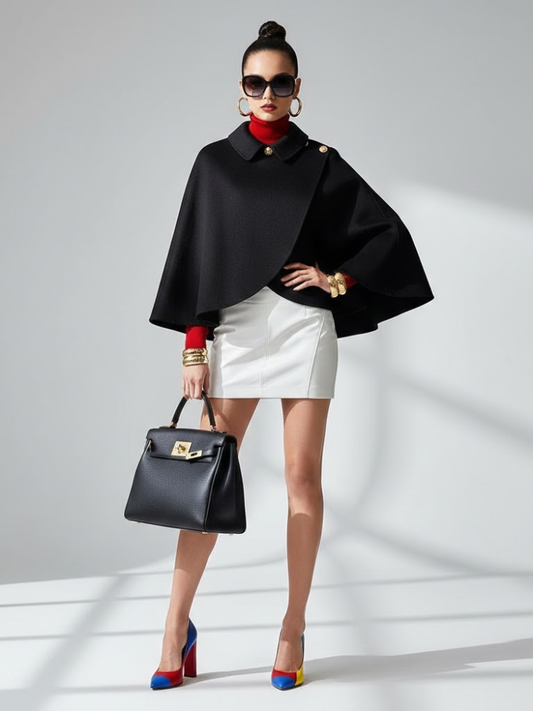 Model wearing a black cape jacket