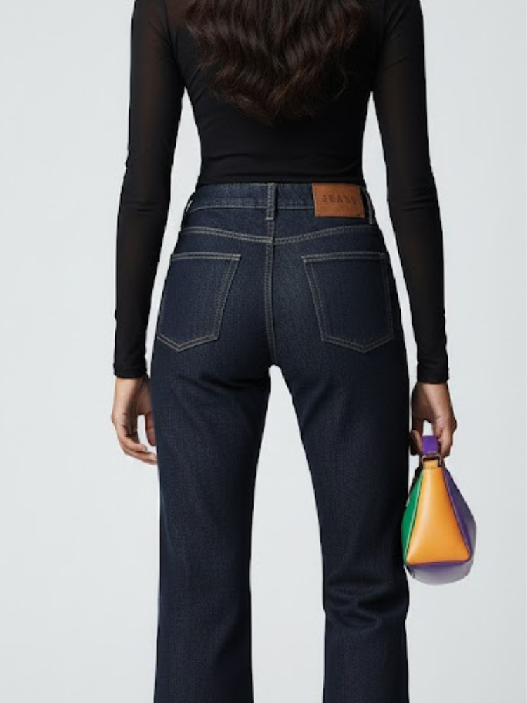Model wearing Hudson Yards denim trousers.