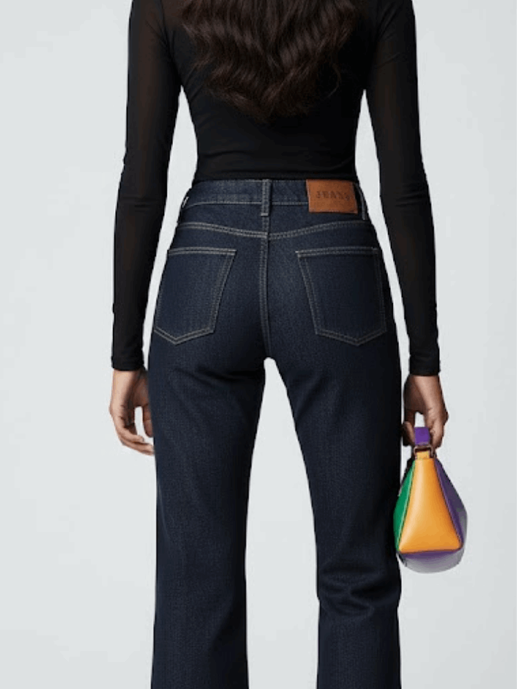 Model wearing Hudson Yards denim trousers.