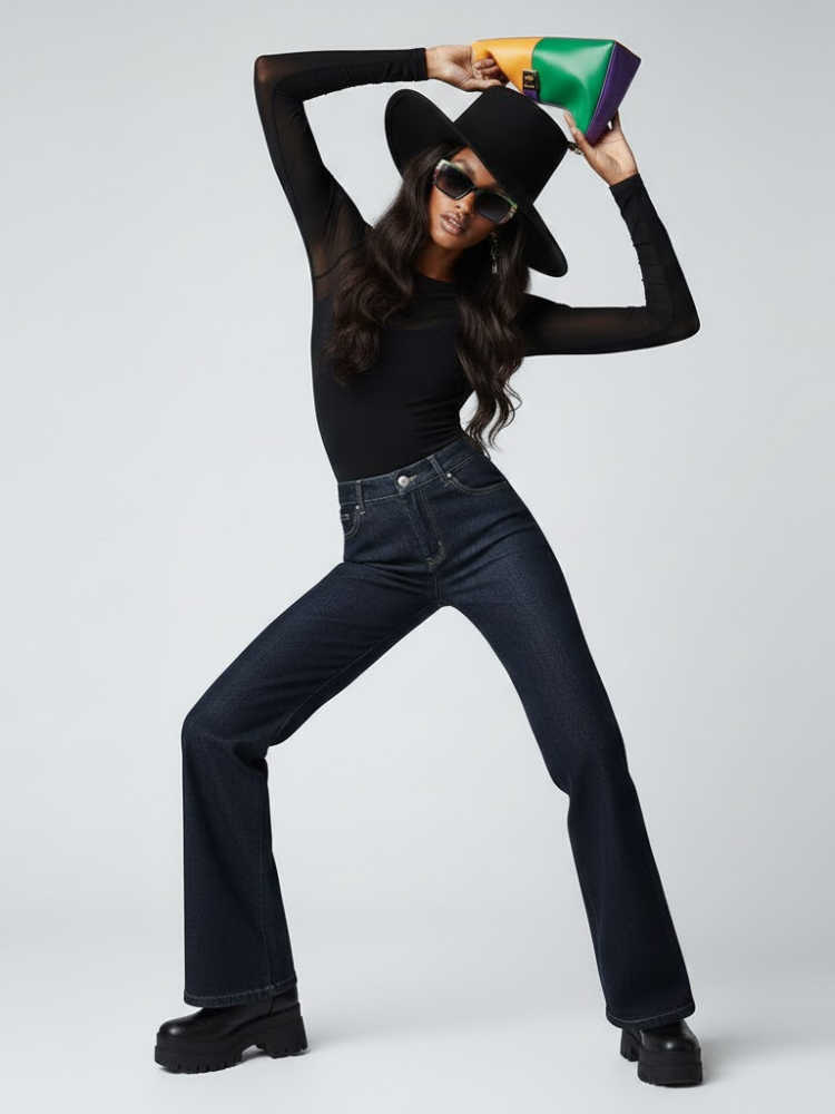 Model wearing Hudson Yards denim trousers.