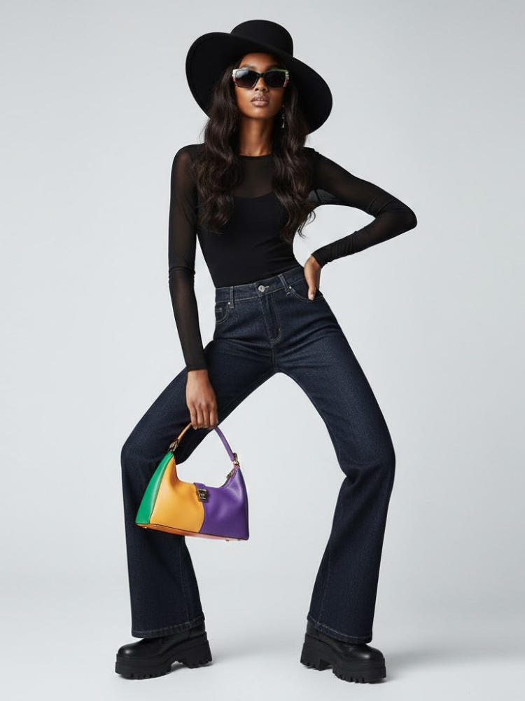 Model wearing Hudson Yards denim trousers.