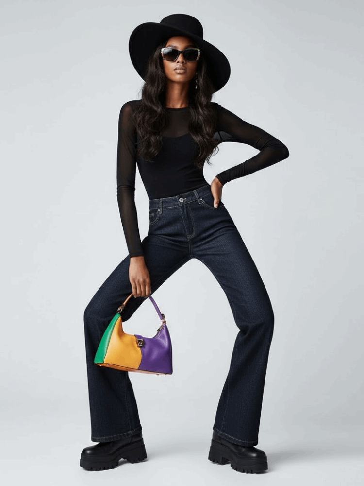 Model wearing Hudson Yards denim trousers.