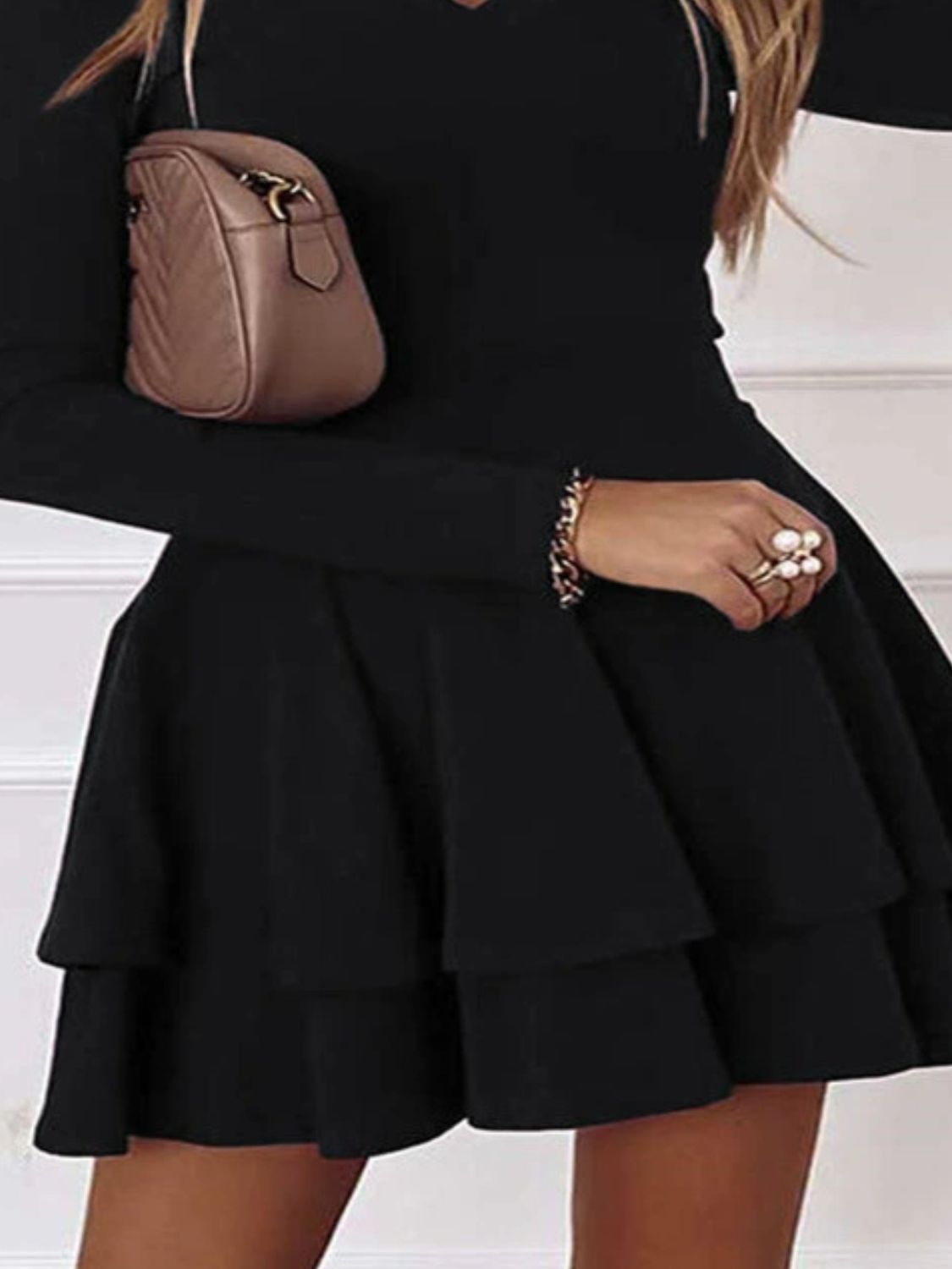 Plus Size Layered V-Neck Long Sleeve Mini Dress