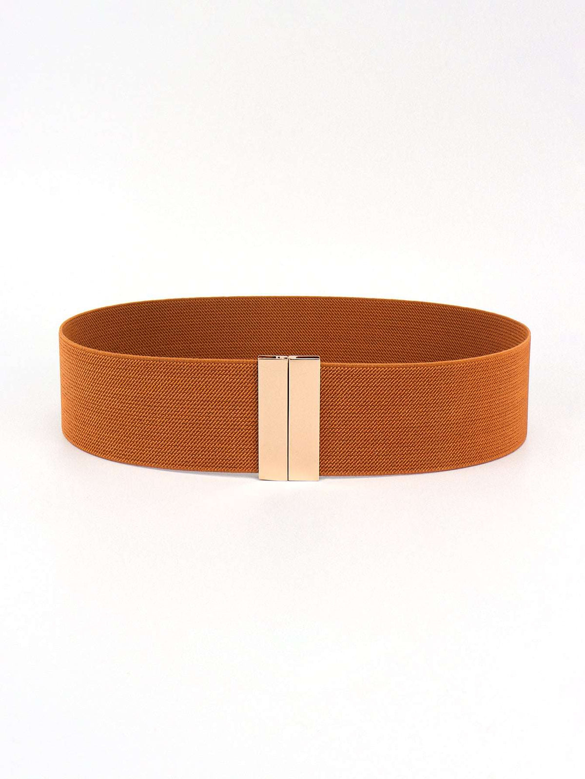Wide tan elastic belt with a rectangular gold metal buckle, shown in a circular arrangement on a white background.