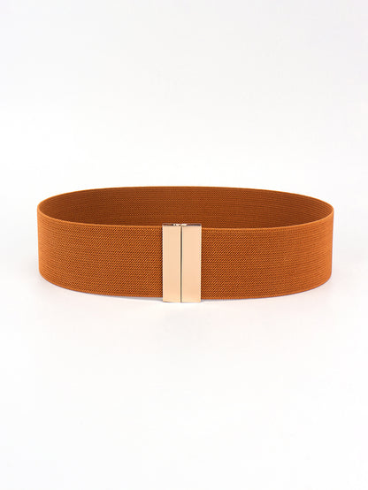 Wide tan elastic belt with a rectangular gold metal buckle, shown in a circular arrangement on a white background.