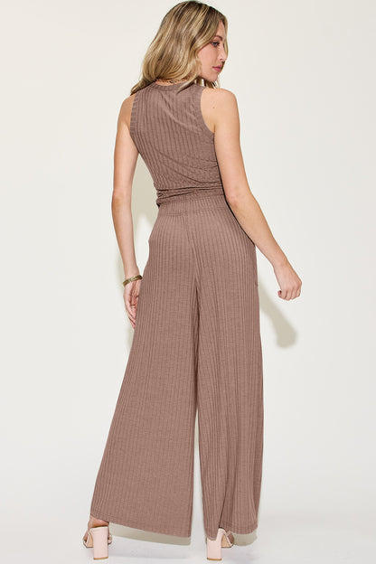 Full size ribbed tank and wide leg pants set in a soft brown color, showcasing a fitted top and flowing pants from the back.