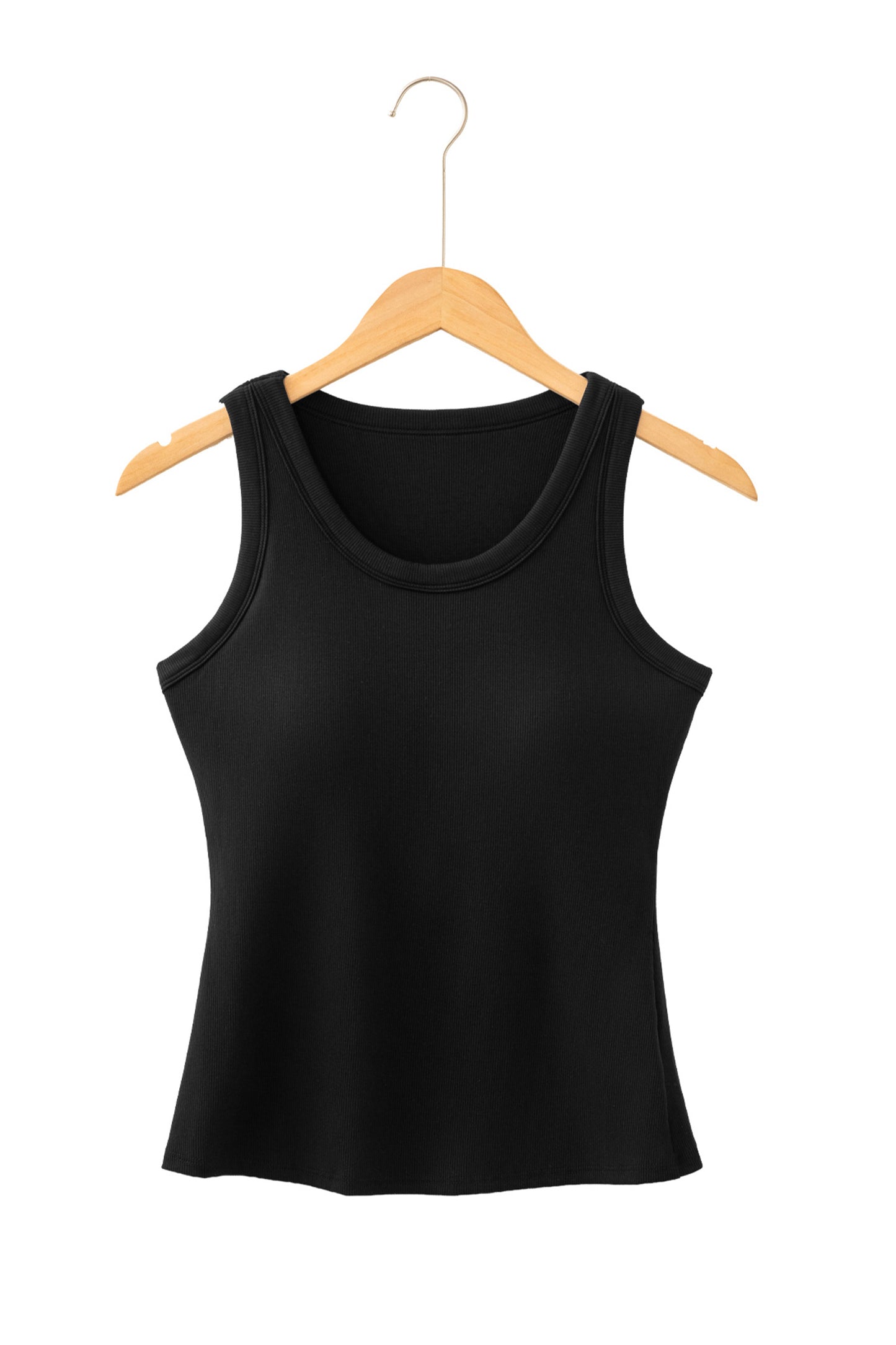 Black tank top on a wooden hanger against a white background