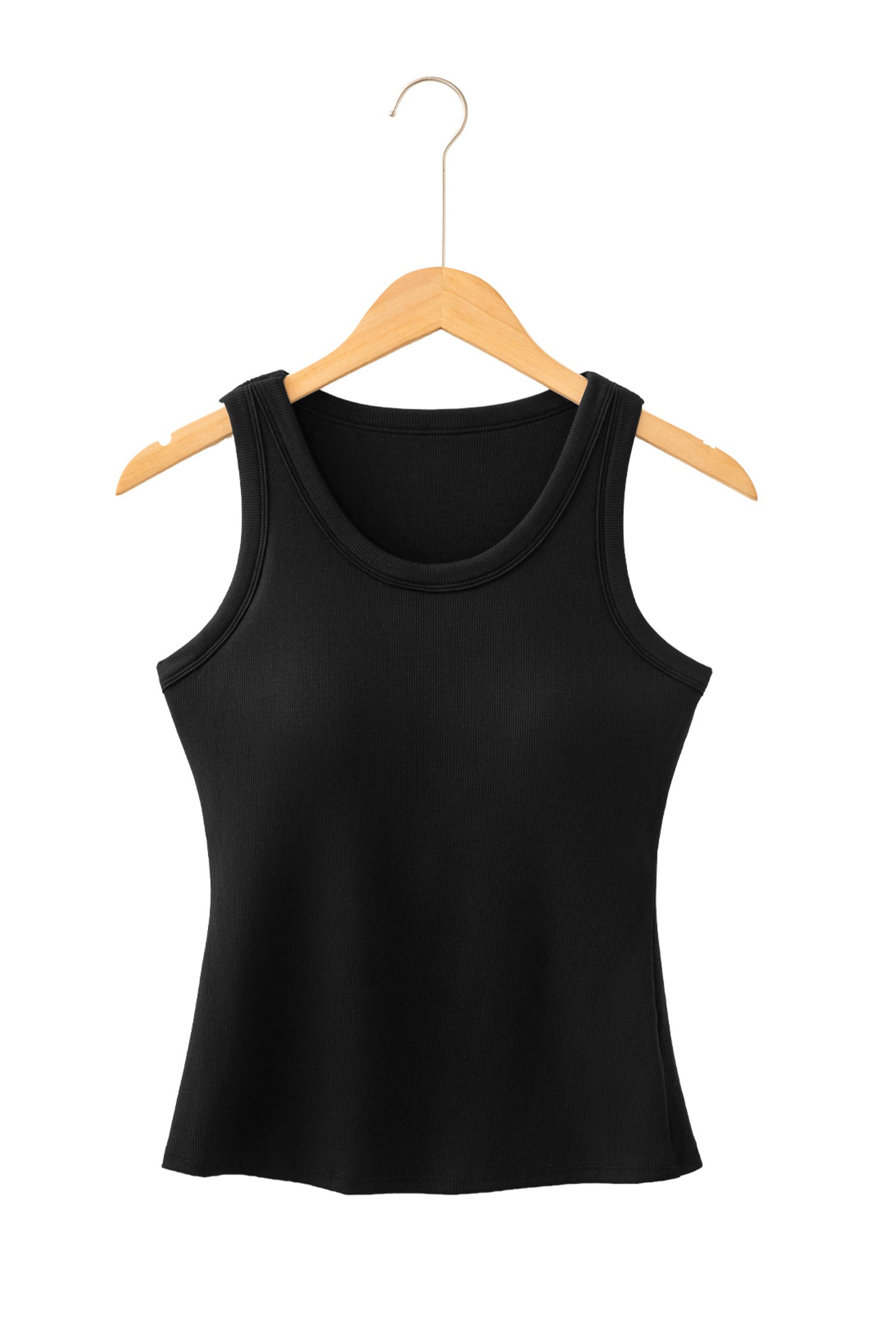 Black tank top on a wooden hanger against a white background