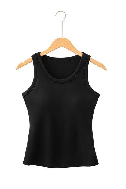 Black tank top on a wooden hanger against a white background