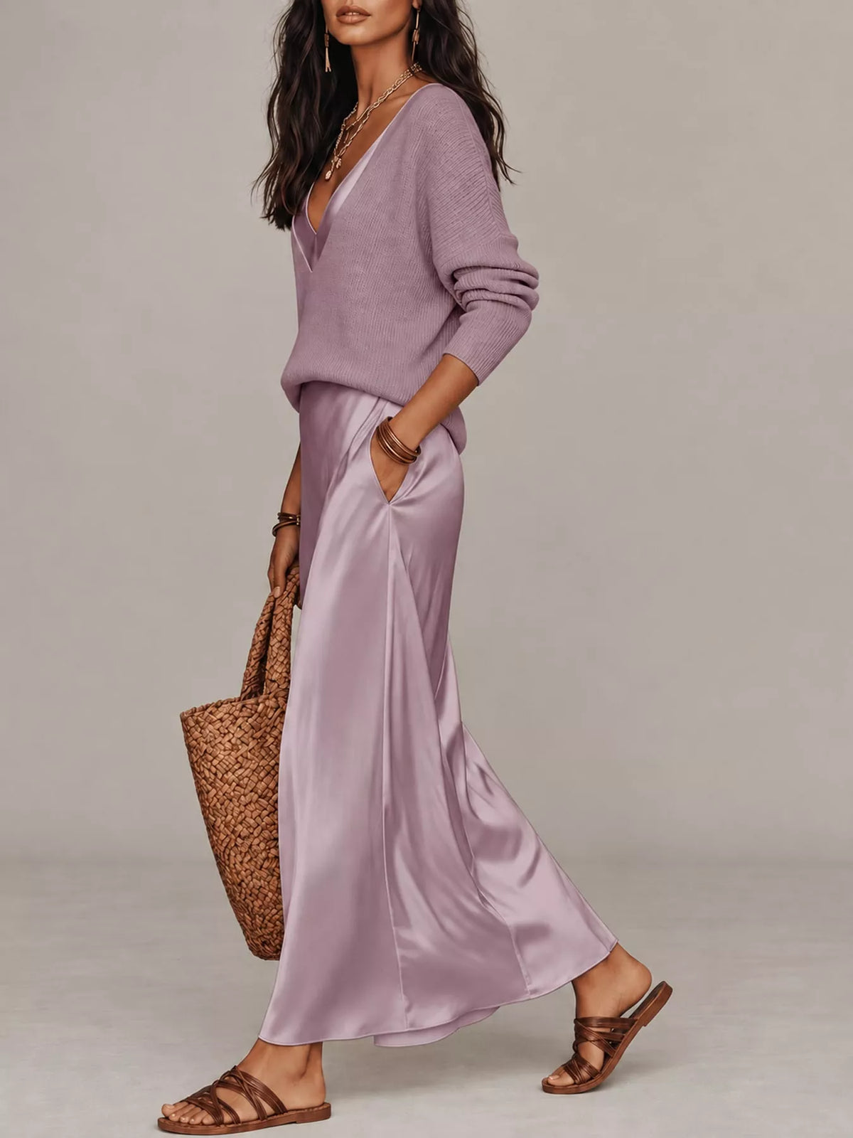 Side view of purple ribbed V-neck top and satin midi skirt, showing the side pocket.