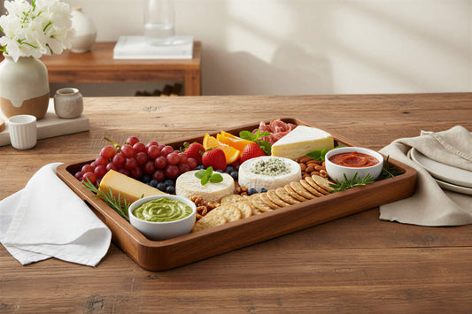 Wooden tray with food on it on a wood table