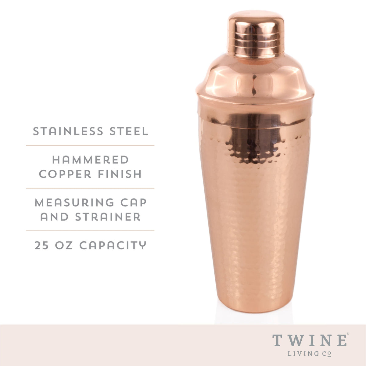 Copper cocktail shaker with text detailing features on a white background