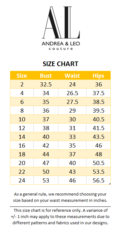 Andrea & Leo size chart for sizes 2–24, showing bust, waist and hip measurements in inches.