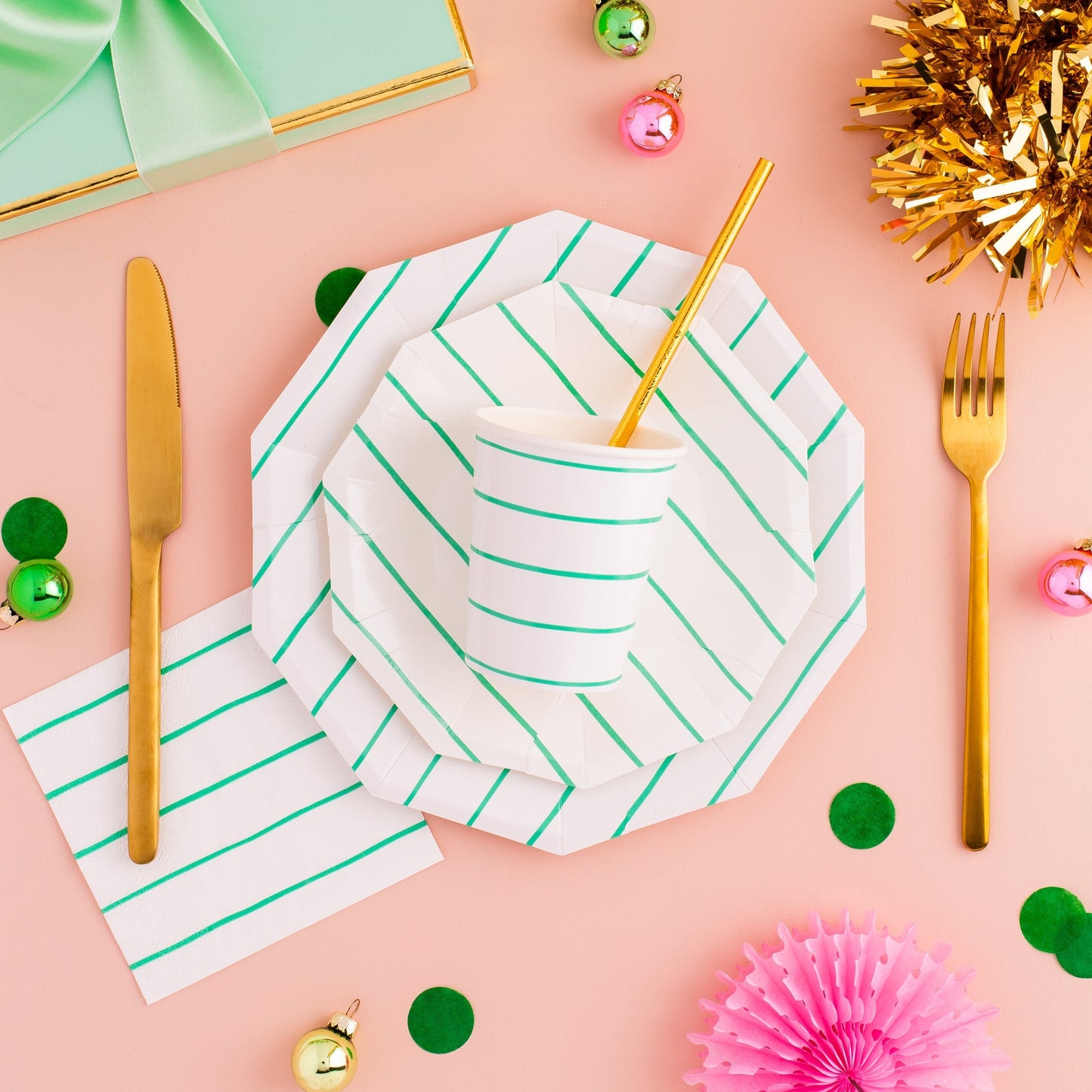 Aqua Green Striped Paper Plates