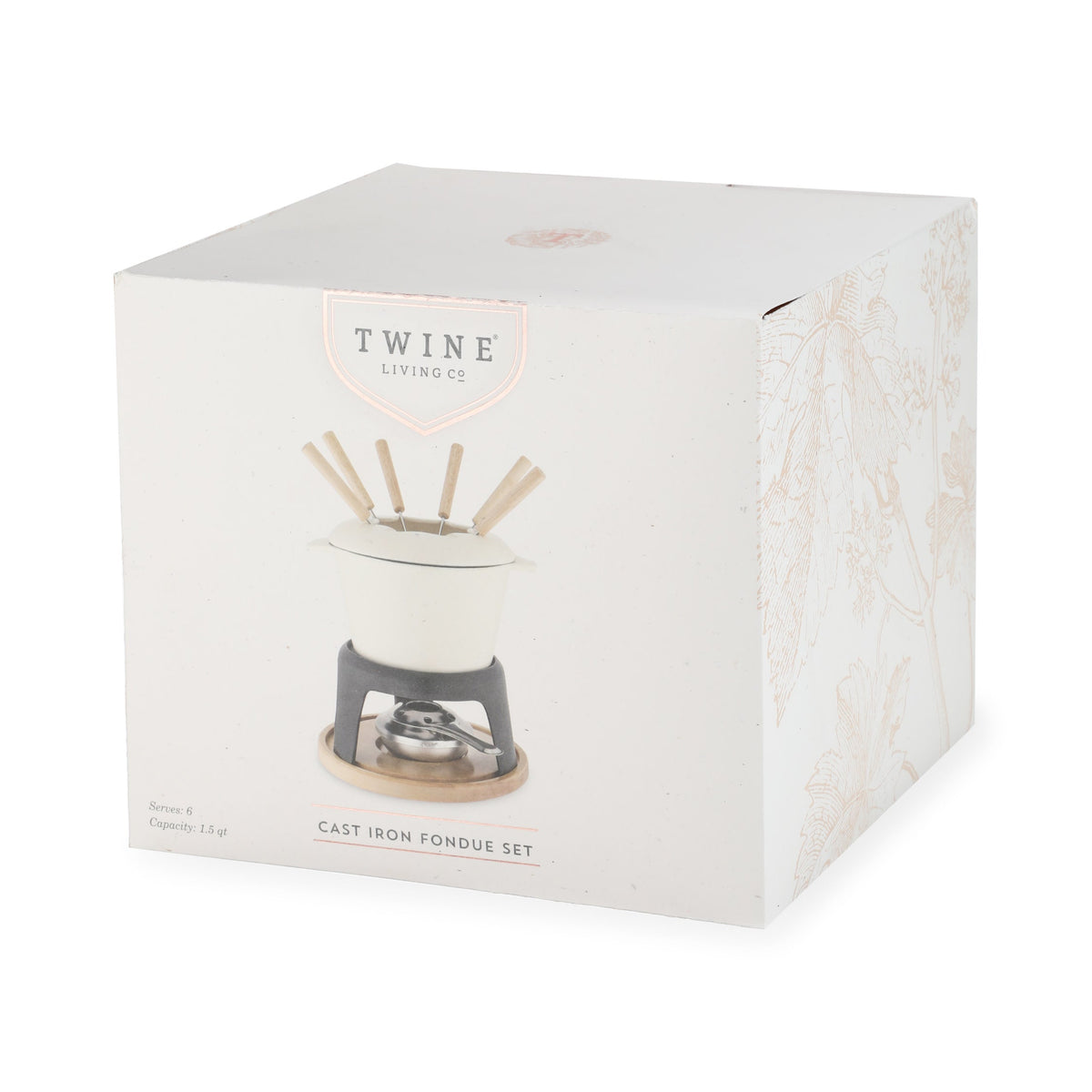Twine Living Co. cast iron fondue set packaging on a white background