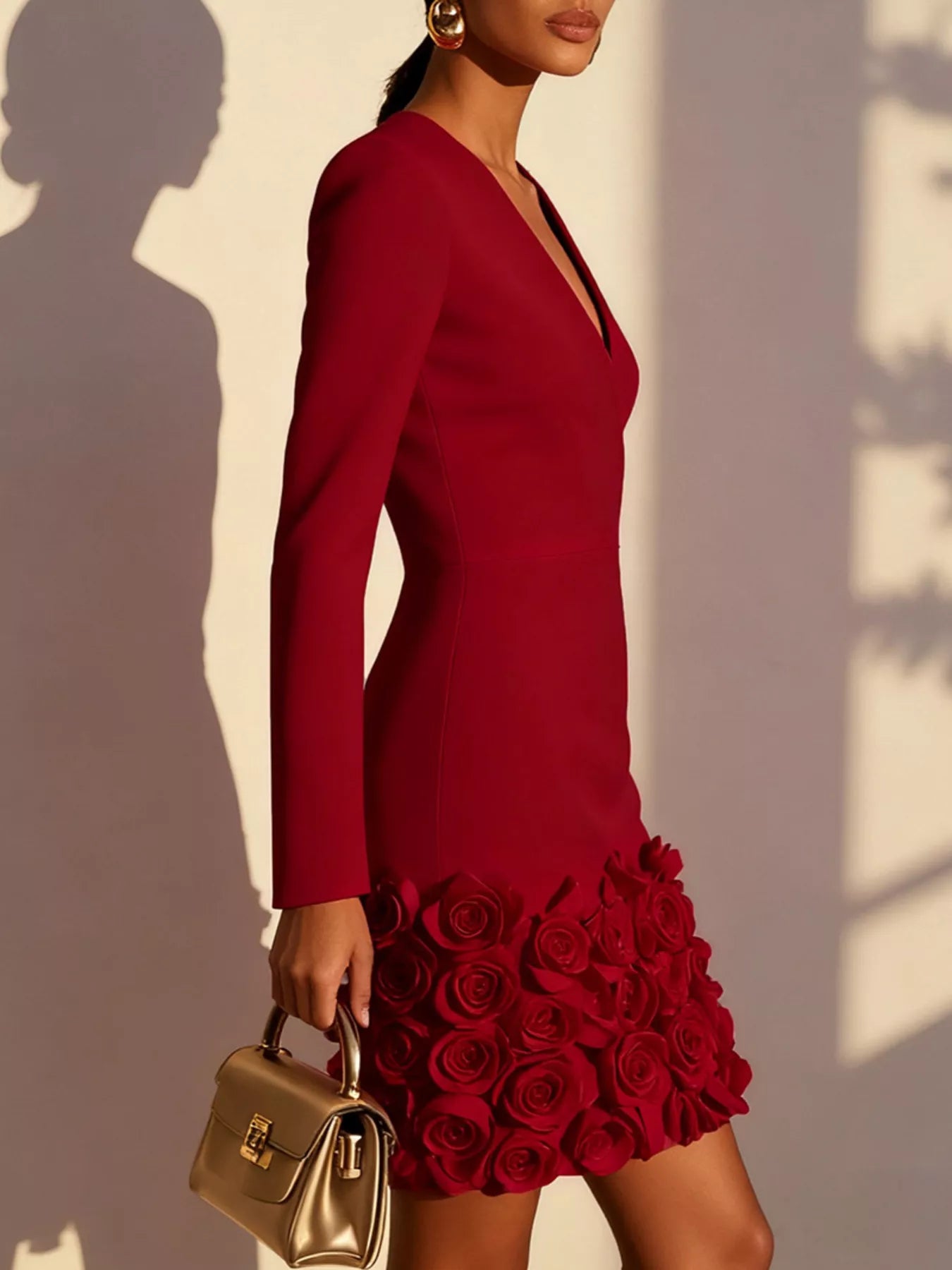 A woman models a long-sleeve red mini dress with a deep V-neck and a flared rose-embroidered hem, holding a small metallic gold handbag against a sunlit beige wall with shadows.