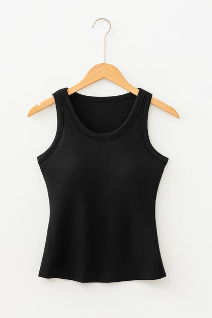 Black ribbed fabric tank top with a scoop neck, hanging on a wooden hanger against a white background.
