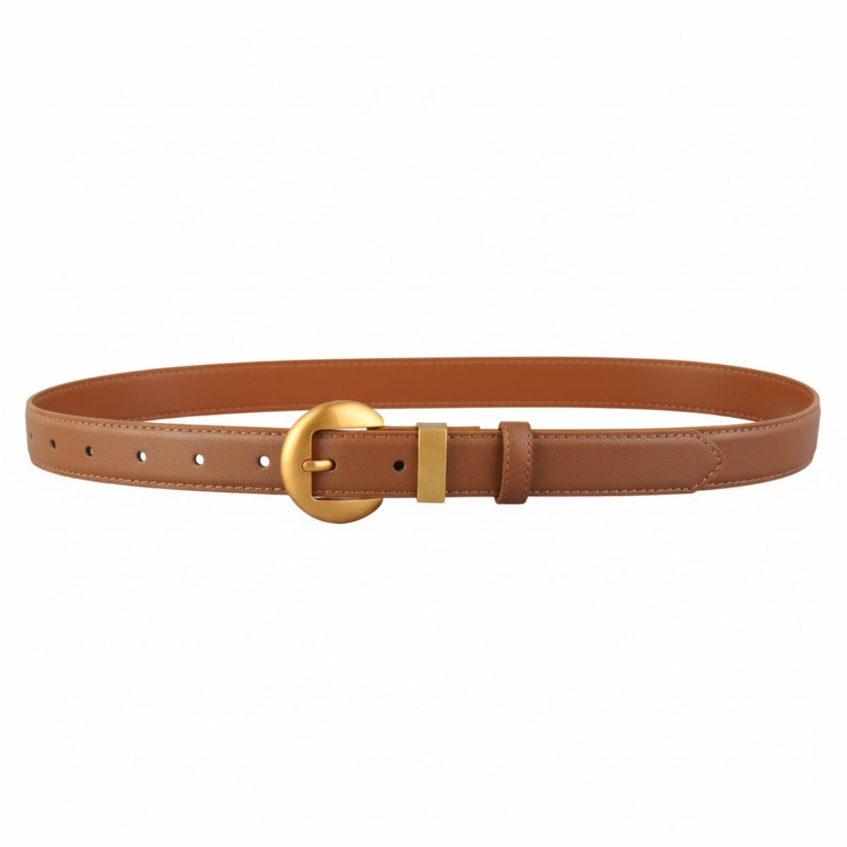 Brown leather belt with a gold buckle on a white background